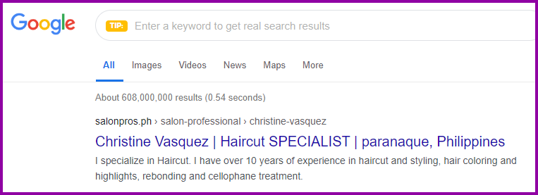 Google search results for SalonPros members